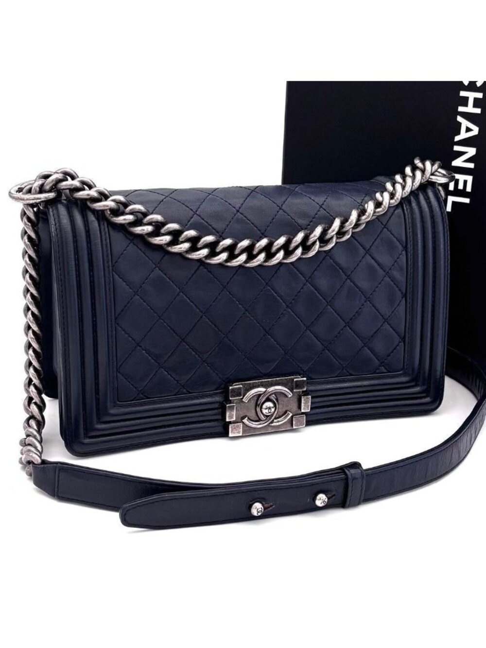 Chanel Boy Quilted Chain Shoulder Bag Navy Lambskin